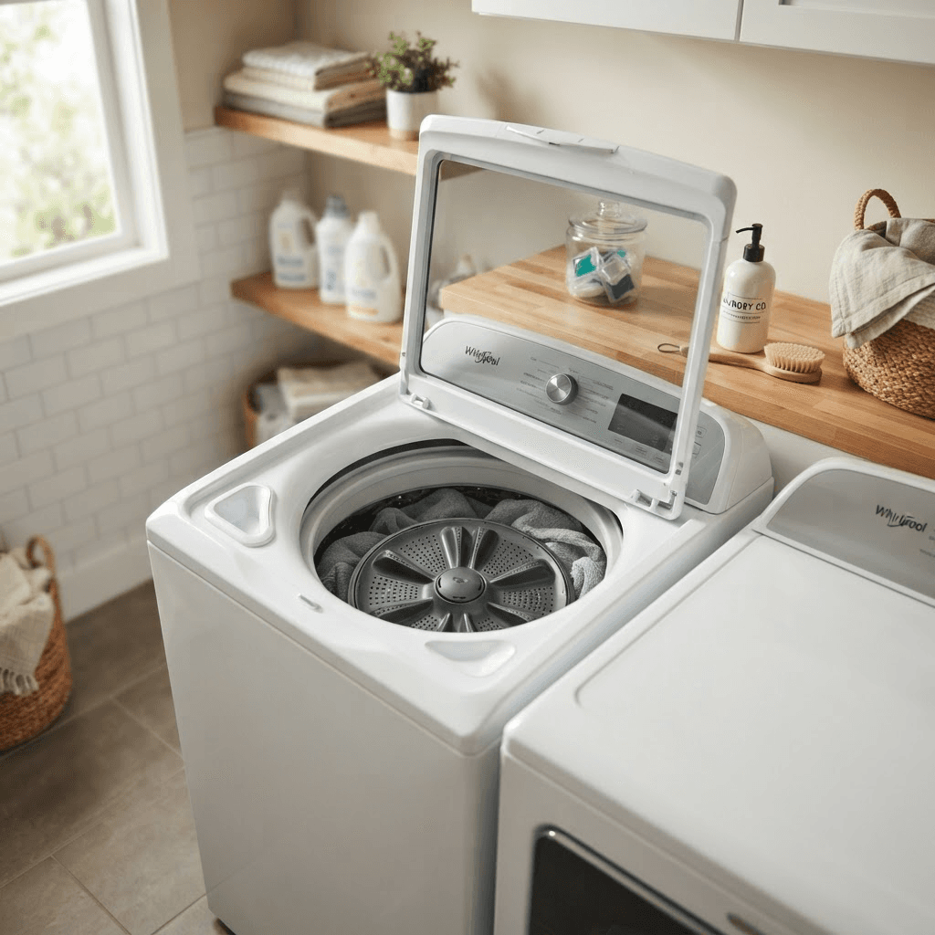 A Maytag Bravos top-load washer with the lid open showing the low-profile wash plate