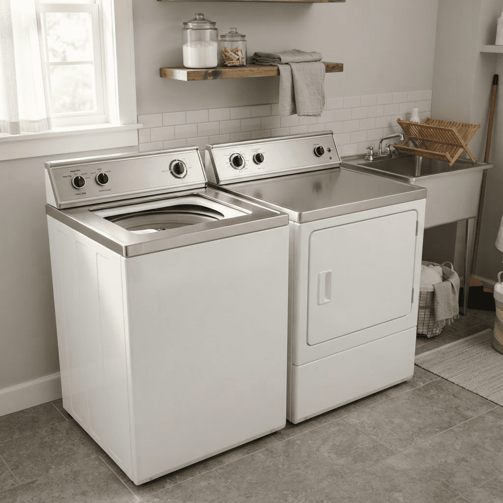 A Speed Queen top-load washer and matching dryer with simple analog dial controls