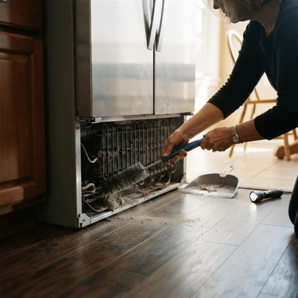 A person cleaning refrigerator condenser coils with a coil brush