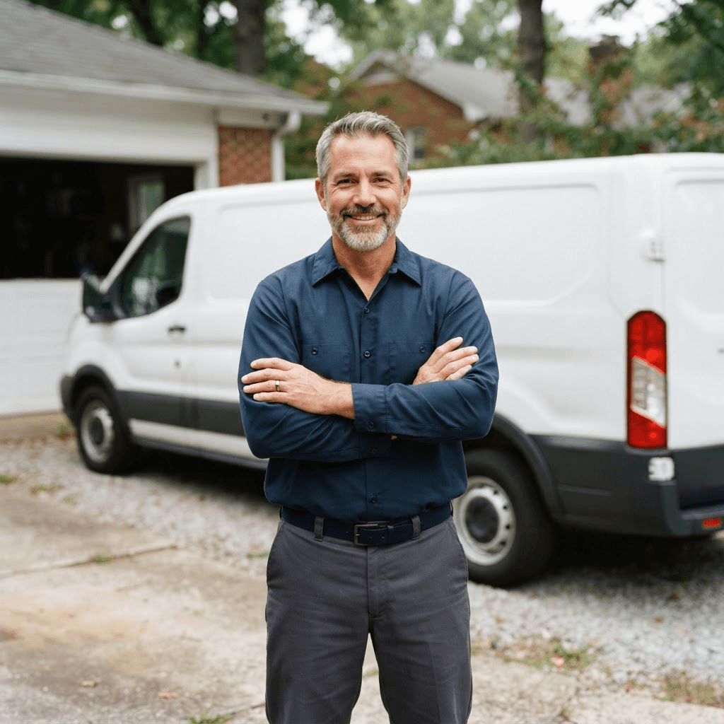 The owner of Murf's Appliance Repair standing in front of a service van